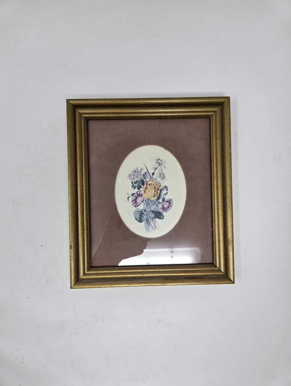 Cute Small Brown Matte Flower Framed Photograph 8 Inches Oval Cute Retro Vintage - Picture 1 of 8